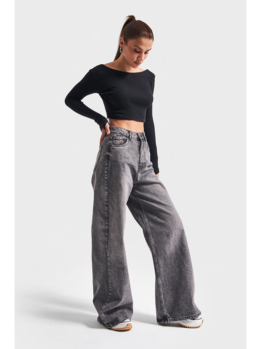 Kadın Gri Füme Renk 4w414  100 Pamuk Wide Leg Palazzo Fit Denim-3