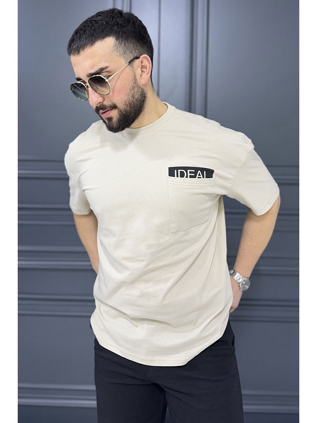 Bej Erkek Tek Cepli Bisiklet Yaka Baskılı Tişört-1