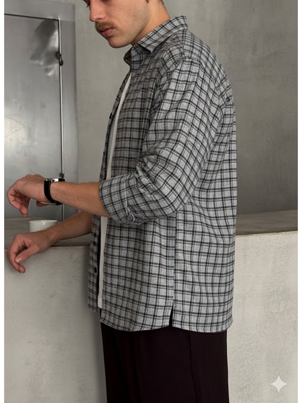 Gri Erkek Oversize Kesim Kareli Gömlek-2