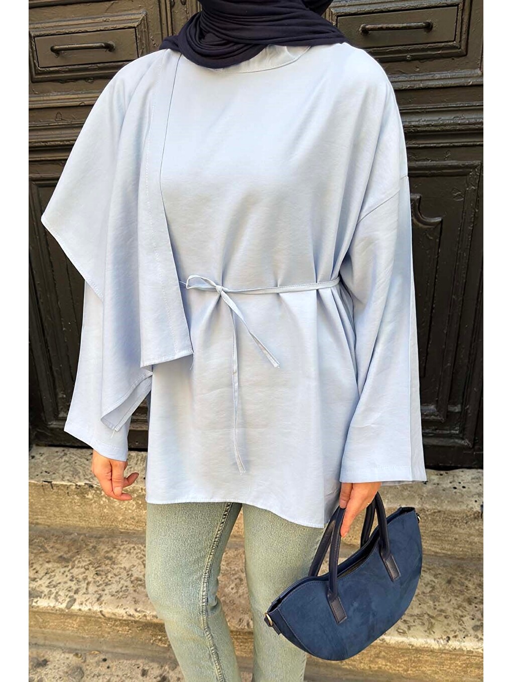 Pelerin Detaylı Oversize Tunik Bebe Mavisi-2