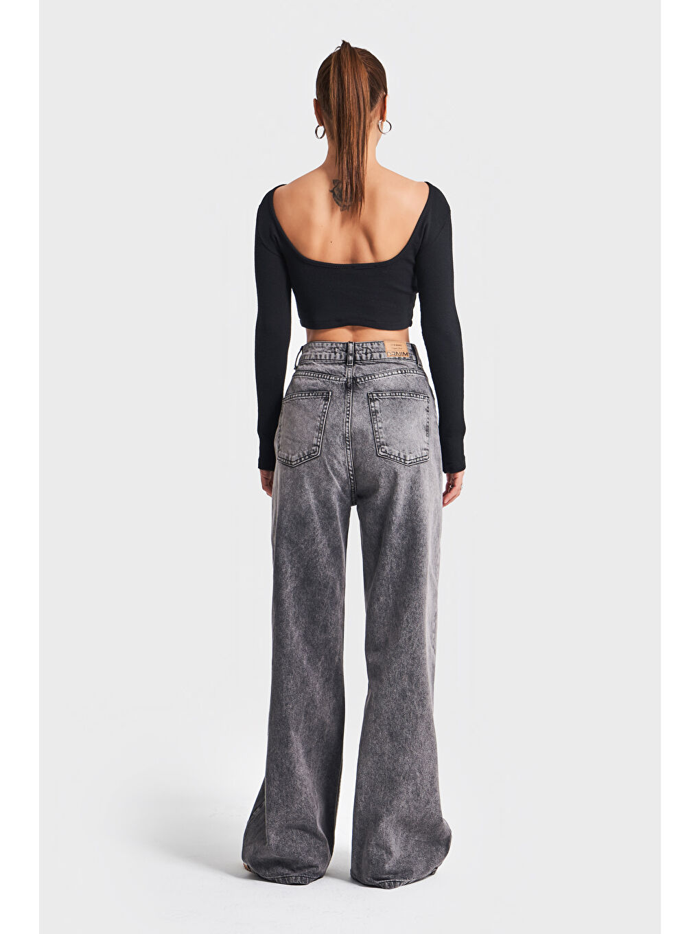 Kadın Gri Füme Renk 4w414  100 Pamuk Wide Leg Palazzo Fit Denim-4