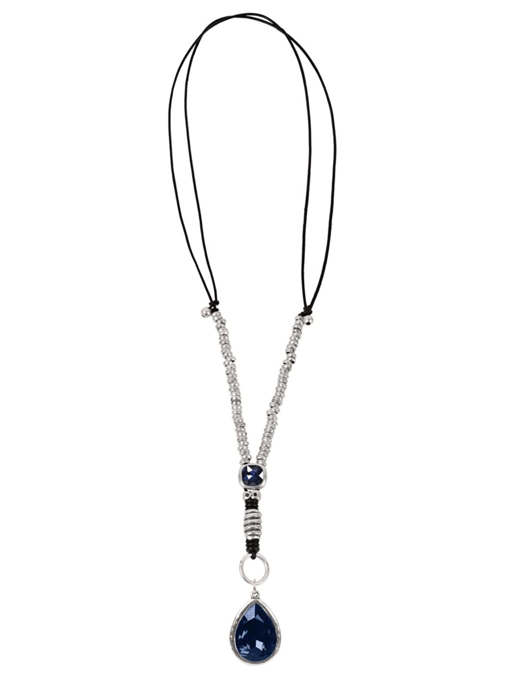 Lacivert Kadın Antik Gümüş Kaplama Ayarlanabilir Deri Kordonlu Kristal Taş Detaylı Damla Kolye
