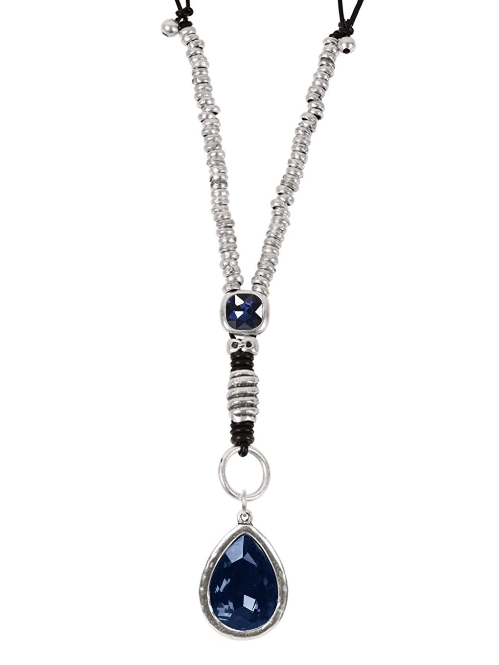 Lacivert Kadın Antik Gümüş Kaplama Ayarlanabilir Deri Kordonlu Kristal Taş Detaylı Damla Kolye-1