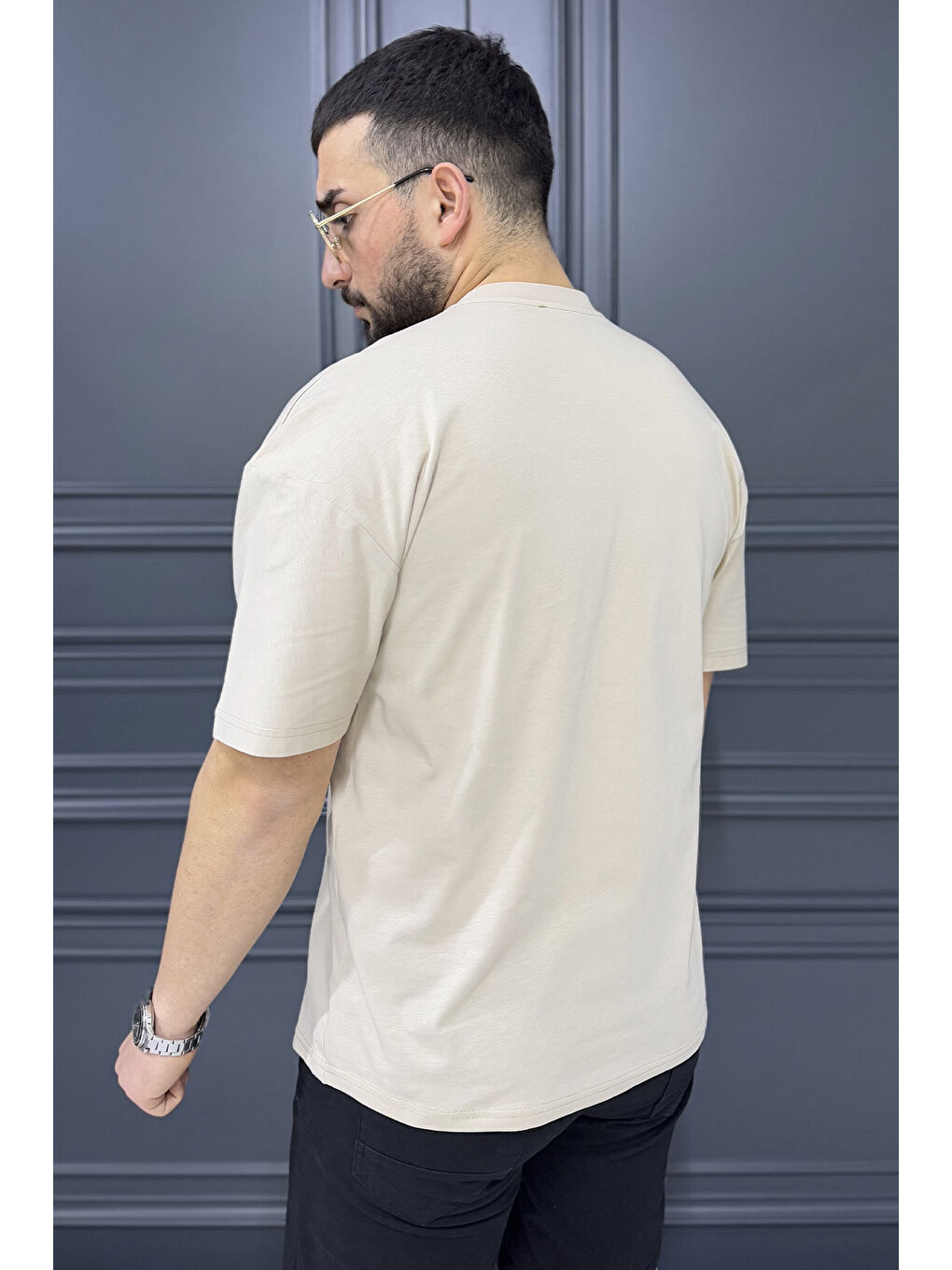 Bej Erkek Tek Cepli Bisiklet Yaka Baskılı Tişört-2