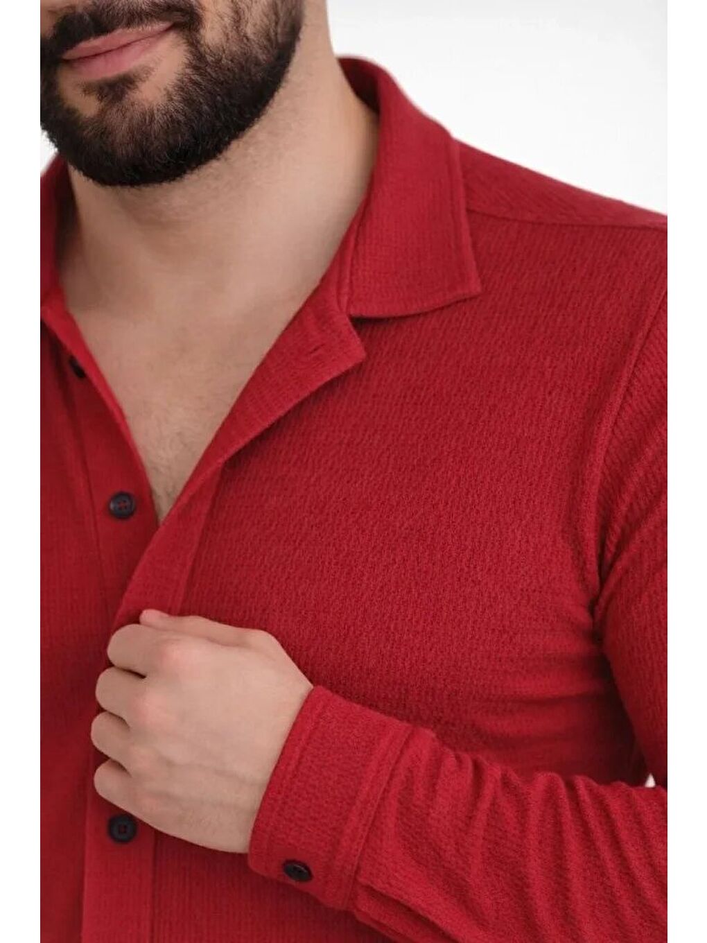 Erkek Waffle Kumaş Uzun Kollu Düğmeli Açık Yaka Regular Fit Gömlek - Kırmızı-1