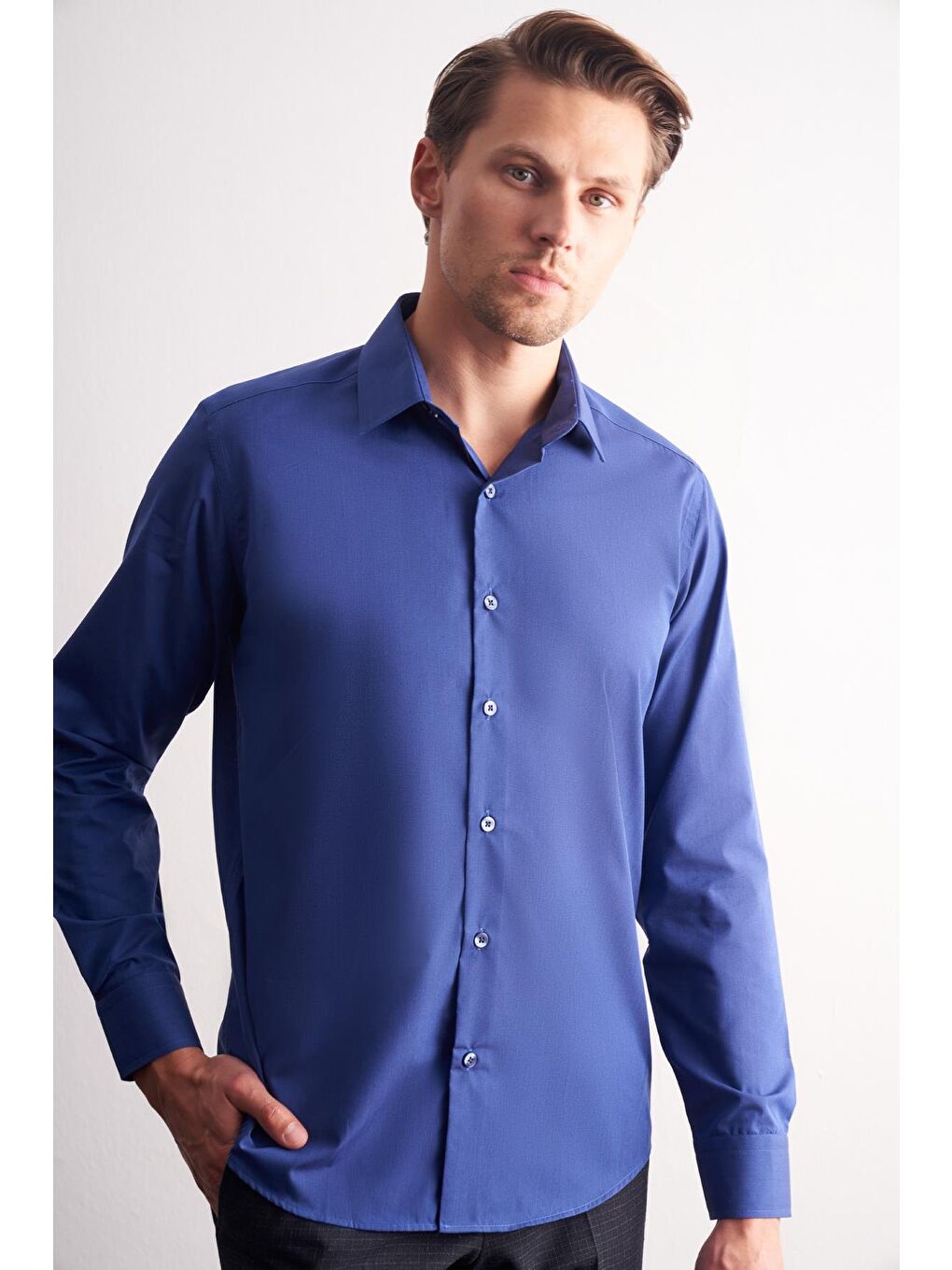 Açık Lacivert Sert Yaka Filafil Desen Uzun Kol Slim Fit Pamuklu Gömlek 1004255181-2