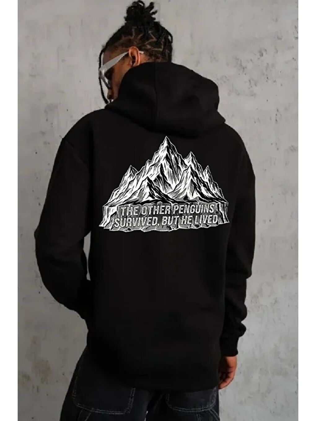 Siyah Erkek Nihilist Penguen Temalı Oversize Kapüşonlu Sweatshirt