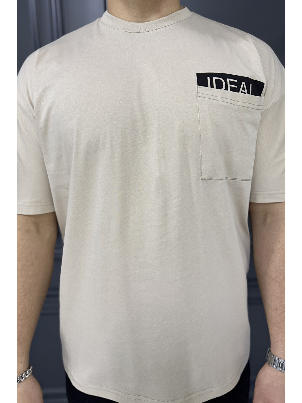 Bej Erkek Tek Cepli Bisiklet Yaka Baskılı Tişört-3