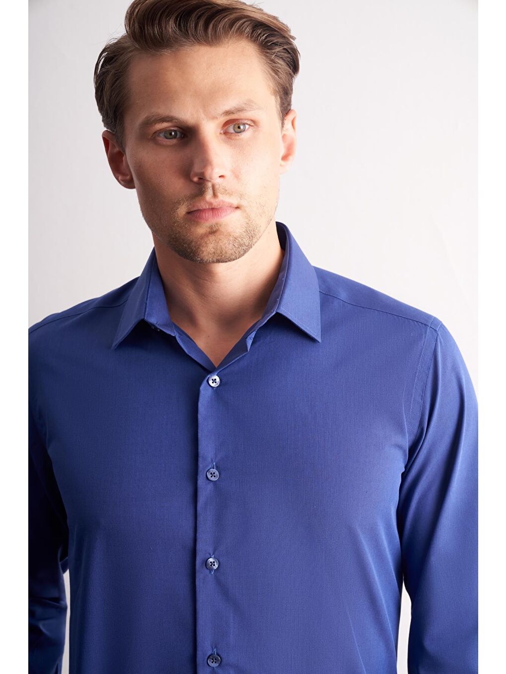 Açık Lacivert Sert Yaka Filafil Desen Uzun Kol Slim Fit Pamuklu Gömlek 1004255181-3