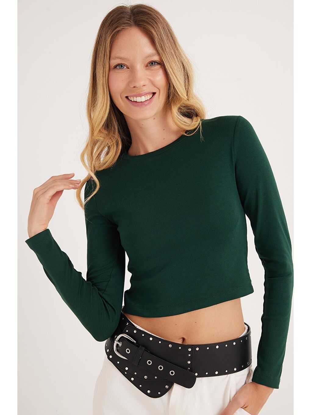 Kadın Slim Fit Pamuklu Uzun Kol Düz Bisiklet Yaka Yeşil Bluz