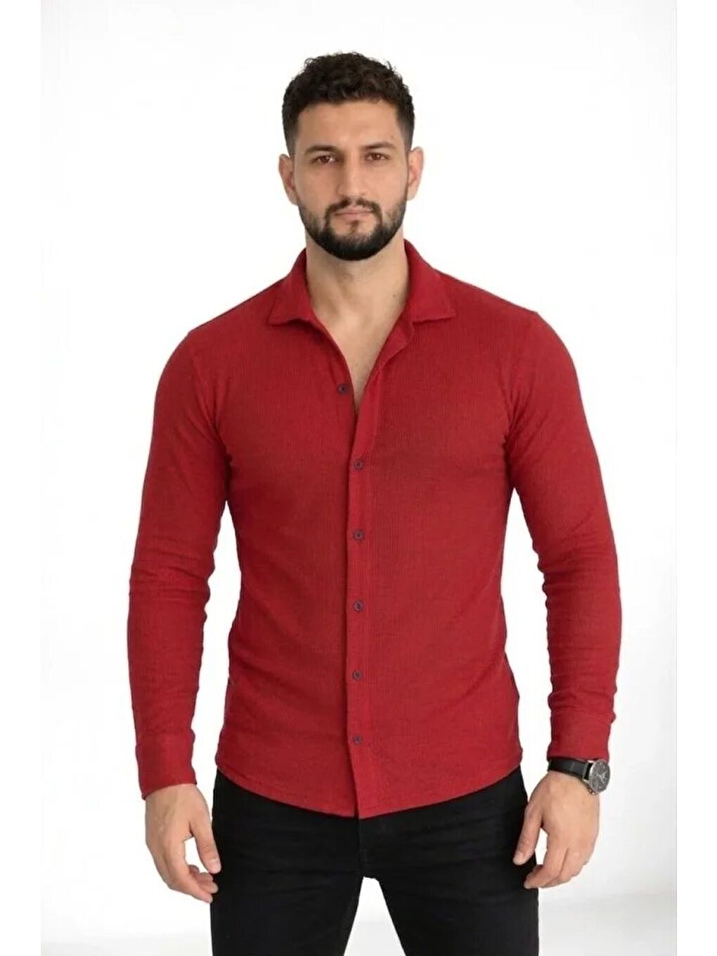 Erkek Waffle Kumaş Uzun Kollu Düğmeli Açık Yaka Regular Fit Gömlek - Kırmızı-2