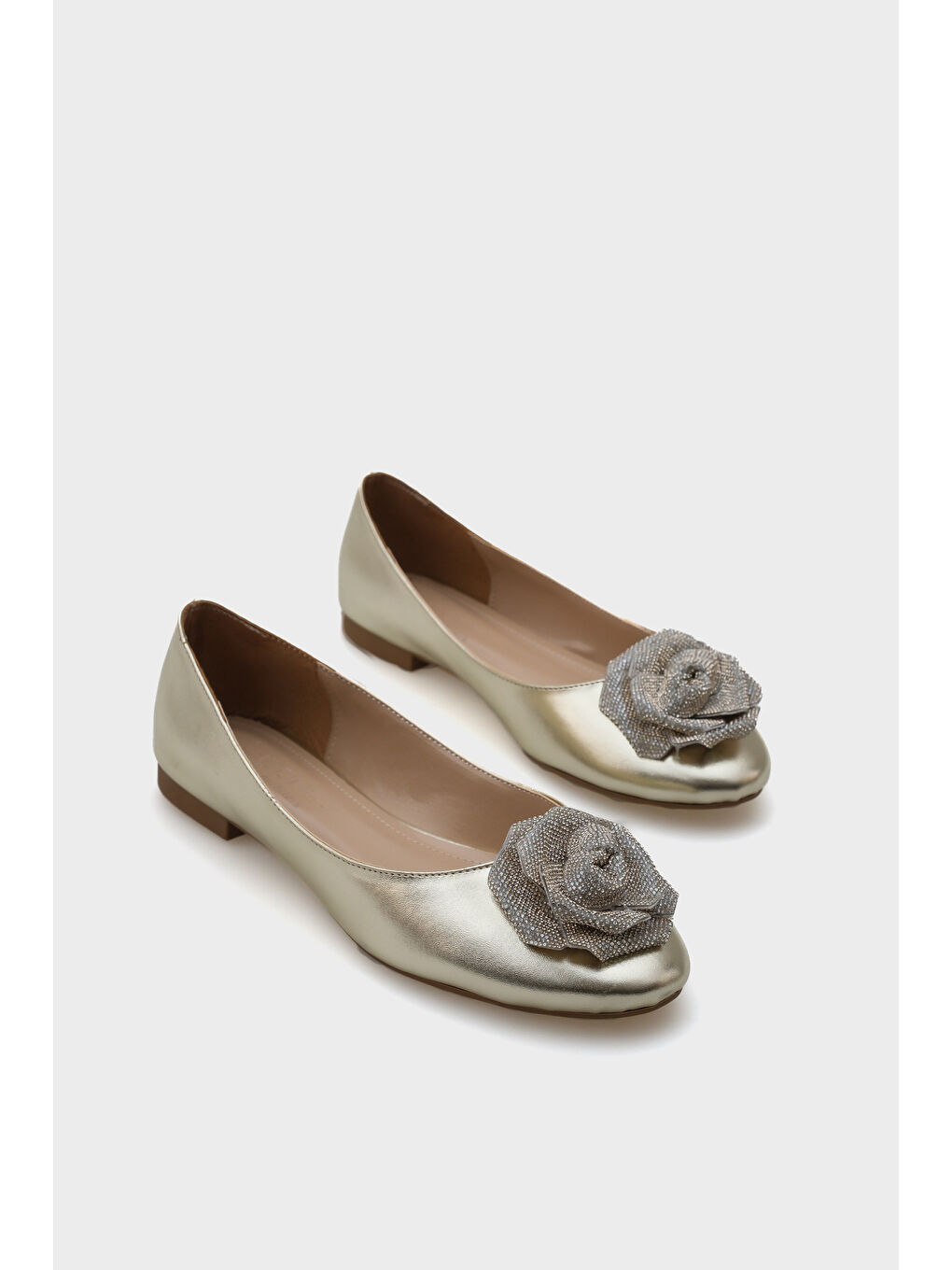 Sarı Audrey Yuvarlak Burunlu Taşlı Çiçekli Kadın Babet-1