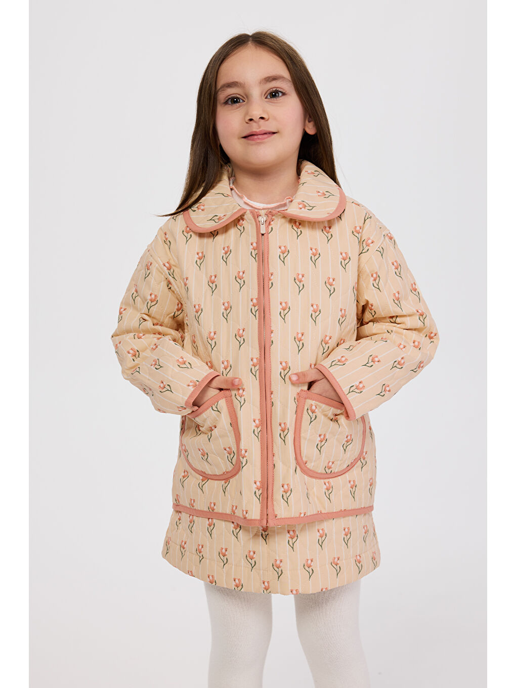 Kız Çocuk Lale Desenli Cepli Kapitone Bej Ceket-5