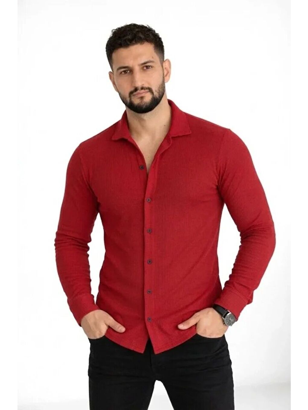 Erkek Waffle Kumaş Uzun Kollu Düğmeli Açık Yaka Regular Fit Gömlek - Kırmızı-3