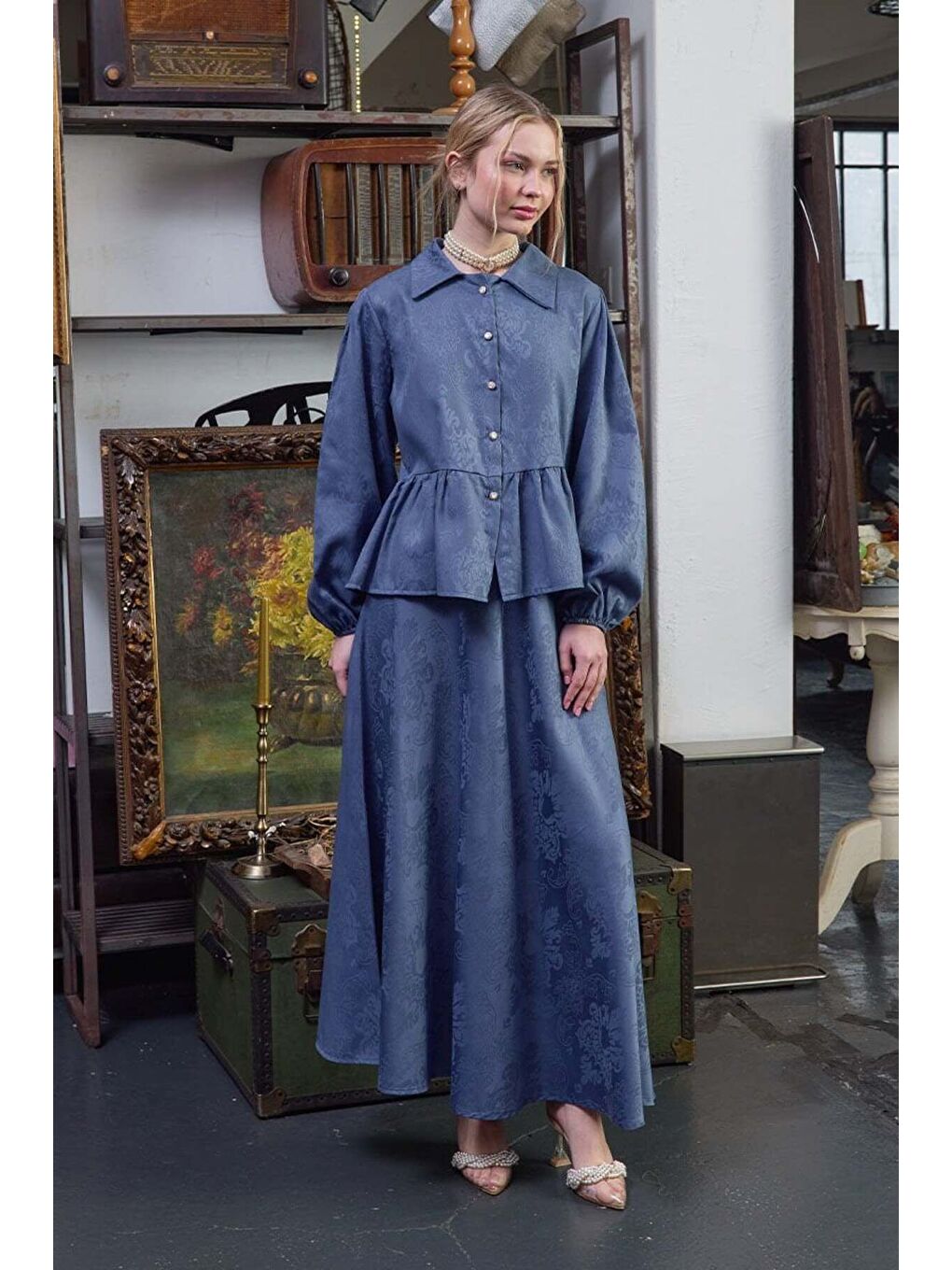 İndigo Jakarlı Gömlek Etek Takım-1