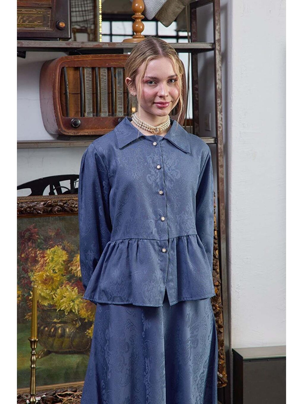 İndigo Jakarlı Gömlek Etek Takım-2