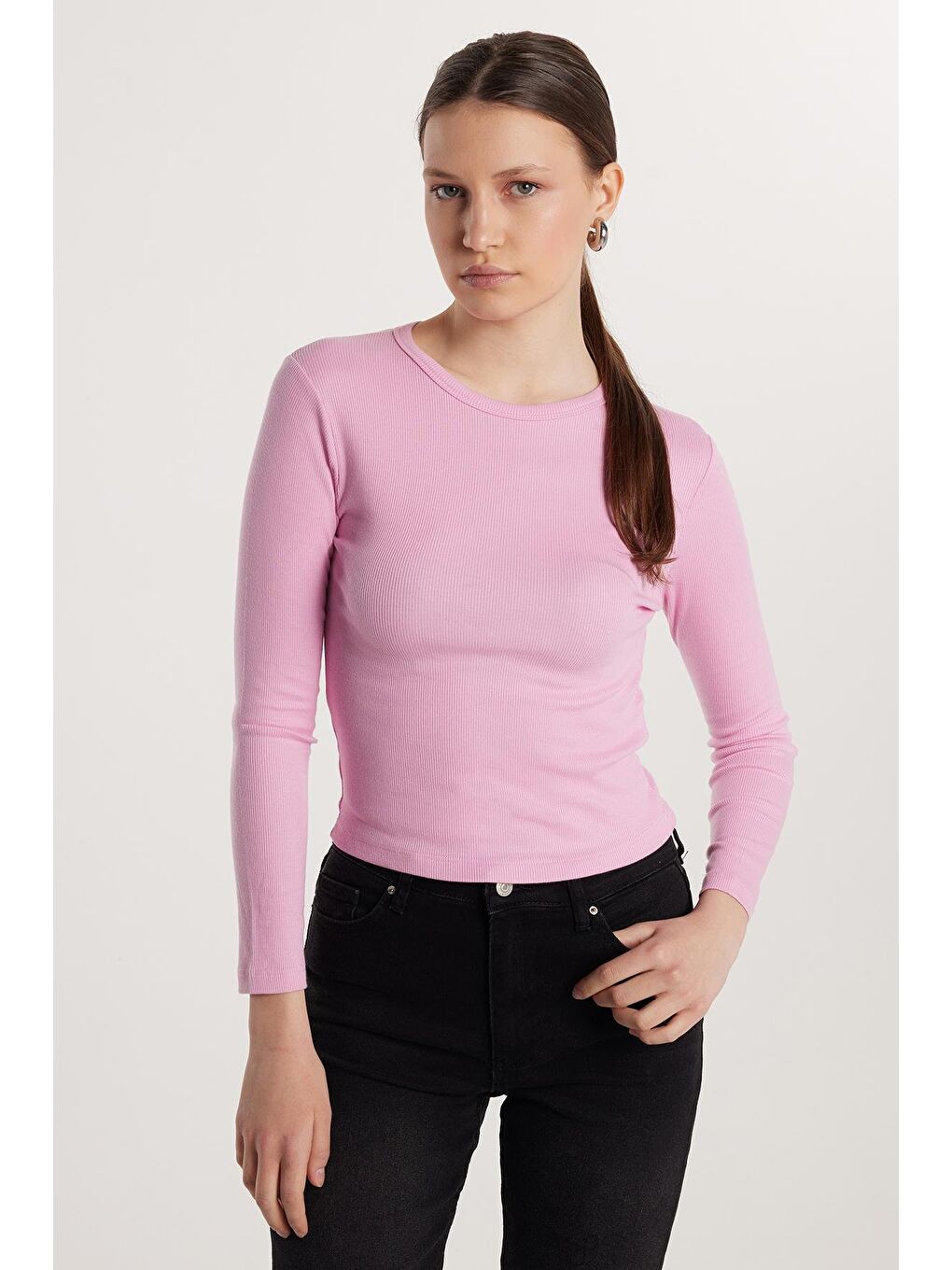 Kadın Modal Kumaş Slim Fit Dar Kesim Bisiklet Yaka Pembe Bluz