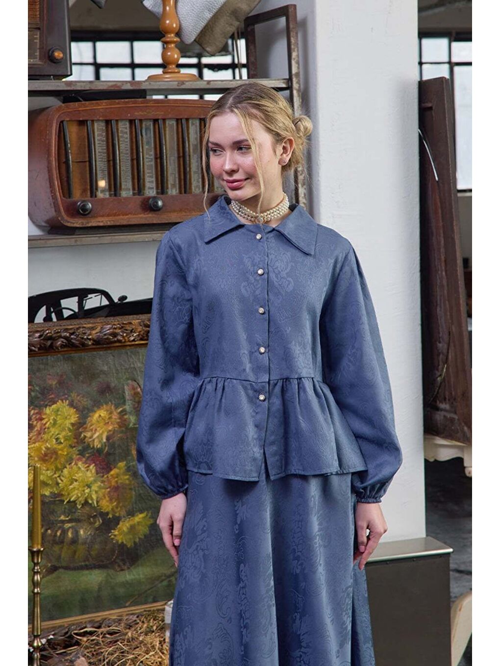 İndigo Jakarlı Gömlek Etek Takım-3