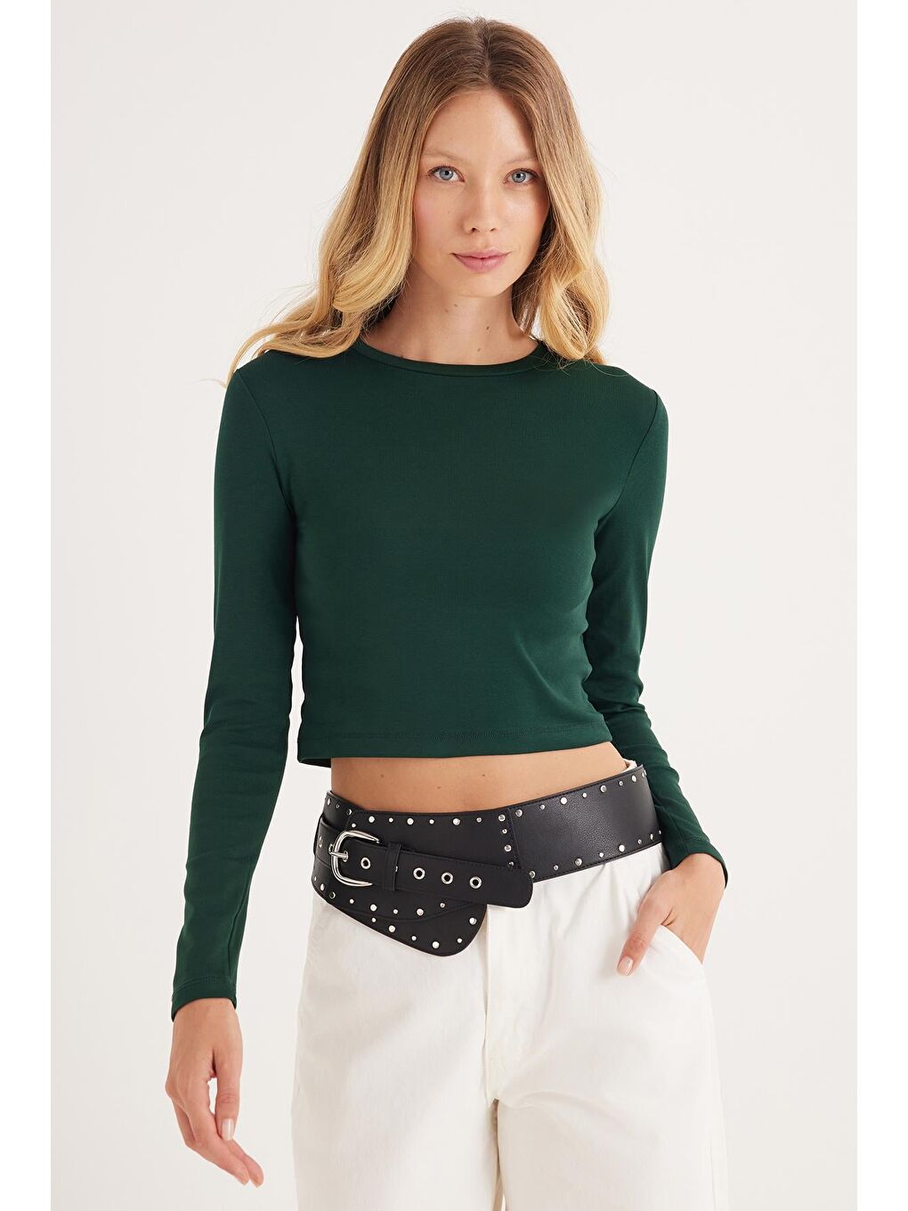 Kadın Slim Fit Pamuklu Uzun Kol Düz Bisiklet Yaka Yeşil Bluz-1