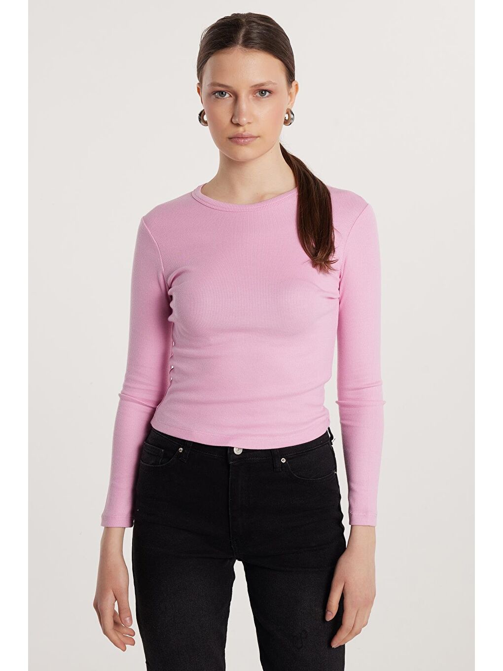 Kadın Modal Kumaş Slim Fit Dar Kesim Bisiklet Yaka Pembe Bluz-1