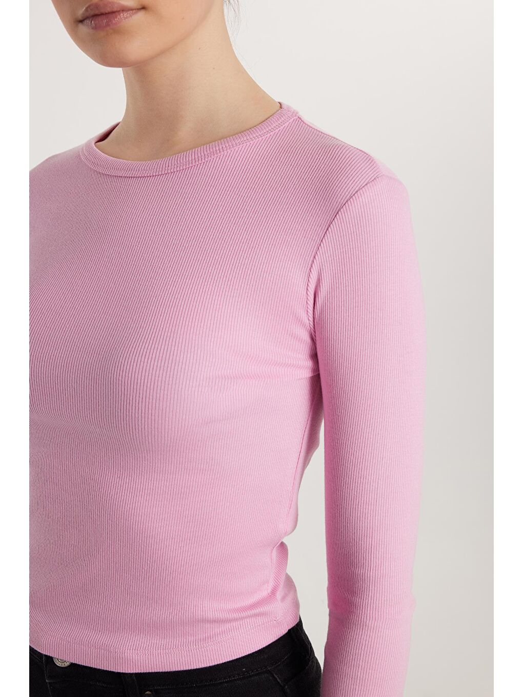 Kadın Modal Kumaş Slim Fit Dar Kesim Bisiklet Yaka Pembe Bluz-2