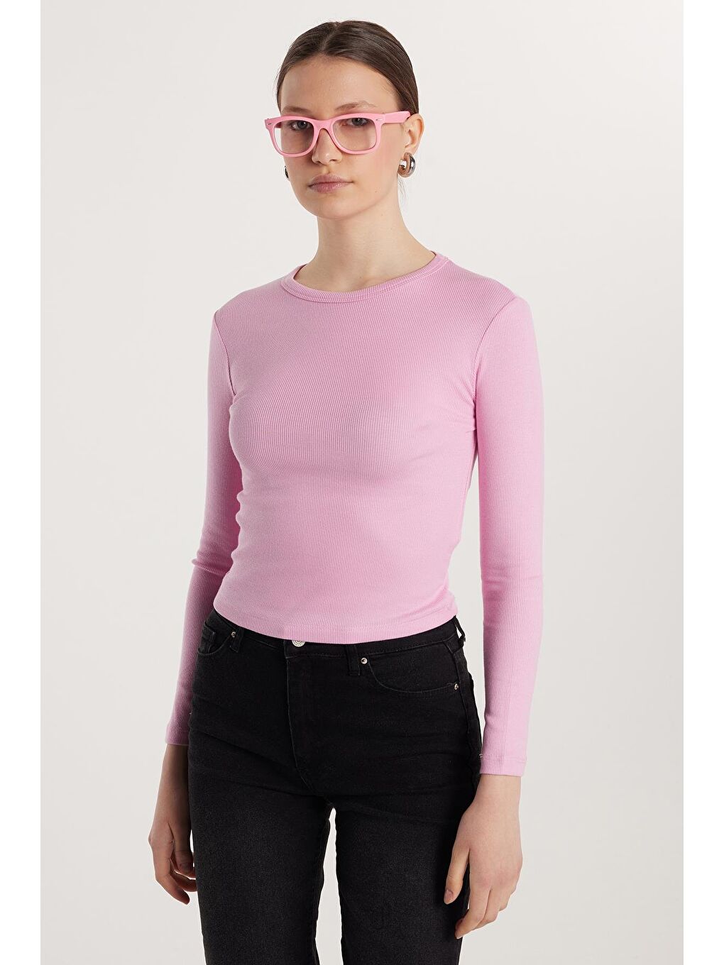 Kadın Modal Kumaş Slim Fit Dar Kesim Bisiklet Yaka Pembe Bluz-3