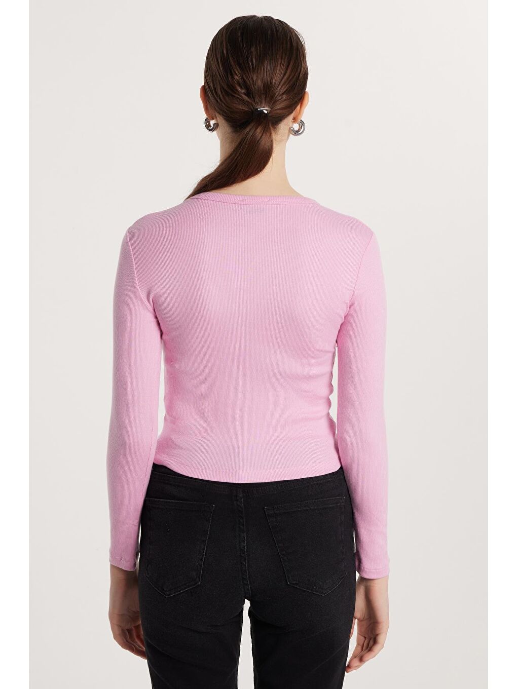 Kadın Modal Kumaş Slim Fit Dar Kesim Bisiklet Yaka Pembe Bluz-4