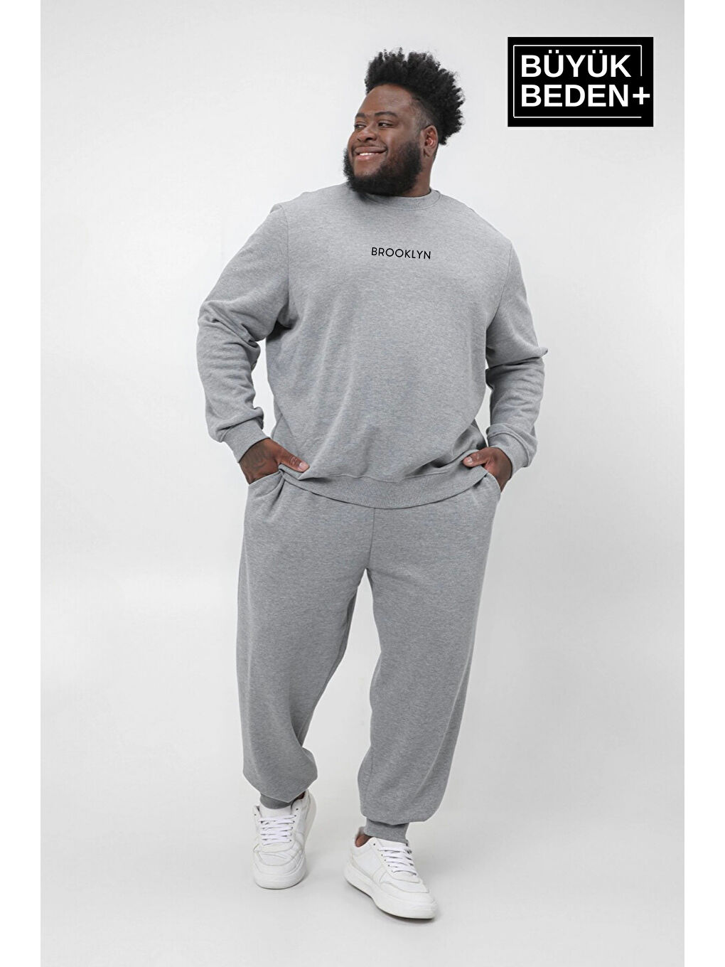 Gri Orta Brooklyn Baskılı  İnce Bisiklet Yaka Erkek Büyük Beden Sweatshirt SPR25BSW60