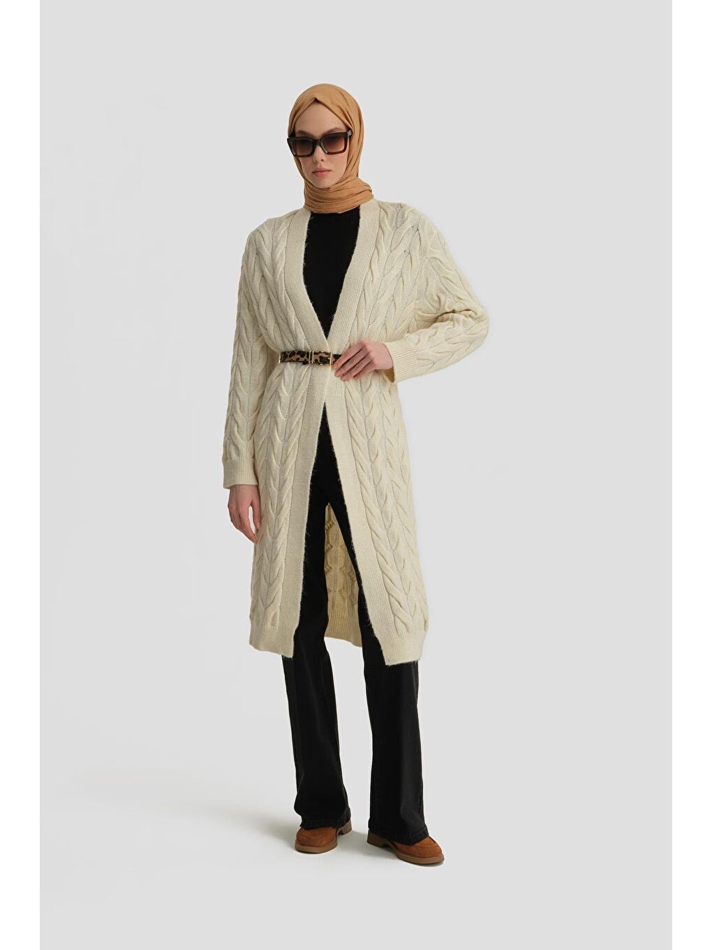 Ekru Uzun Triko Hırka 24Kd4209 Aytaşı-1