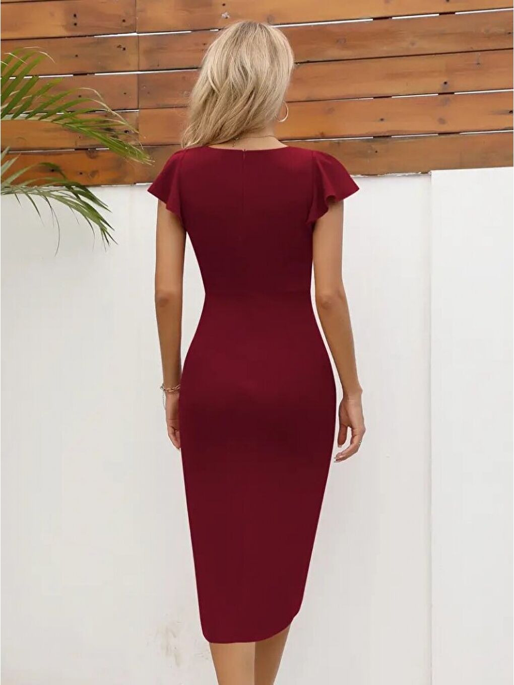 Bordo QKadın Kısa Kollu Kalp Yaka Yanlardan Büzgü Detay Midi Janjan Krep Elbise-2