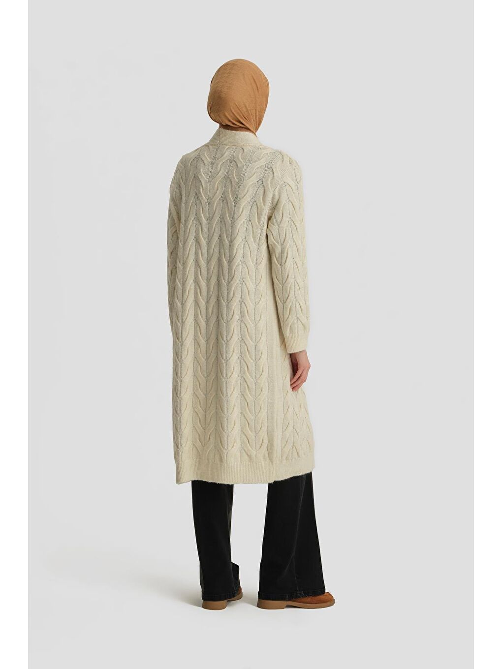 Ekru Uzun Triko Hırka 24Kd4209 Aytaşı-3