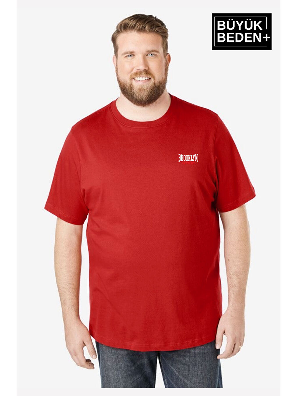 Kırmızı Erkek Büyük Beden Brooklyn 1970 Baskılı Bisiklet Yaka Tişört SPR25BTS904