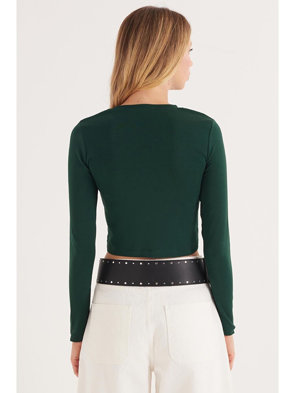 Kadın Slim Fit Pamuklu Uzun Kol Düz Bisiklet Yaka Yeşil Bluz-6