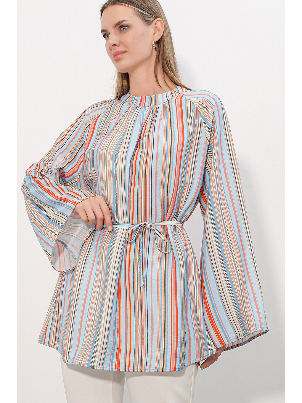Kadın Çizgili Bağcıklı Oversize Tunik 50009 - Mavi-3