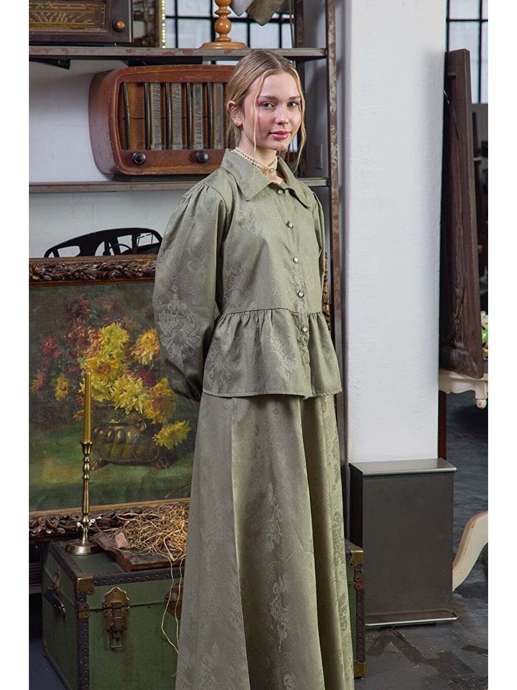 Çağla Yeşili Jakarlı Gömlek Etek Takım-4