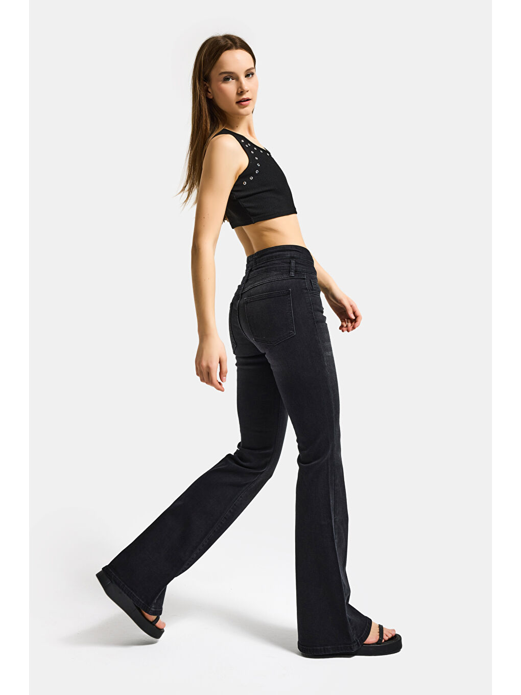 Gri Kadın Koyu Füme 2s6-1 Flare Fit Esnek Elastan Kumaş Denim Jean-1