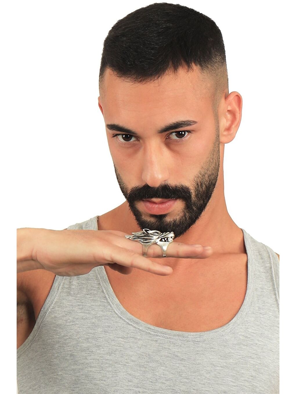 Gri Erkek Antik Gümüş Kaplama Oynar Başlı Ayarlanabilir Yüzük-1