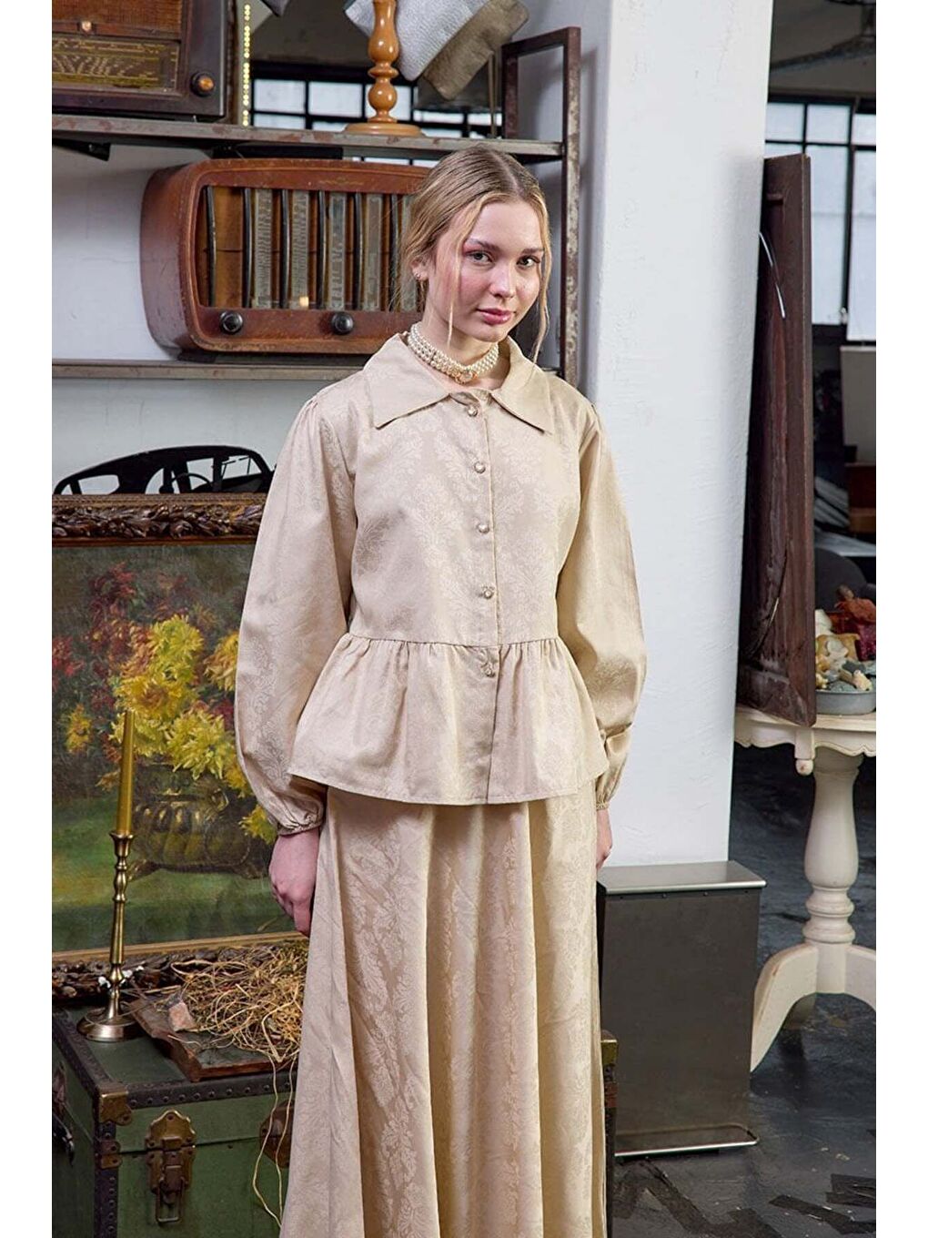 Ekru Jakarlı Gömlek Etek Takım-2