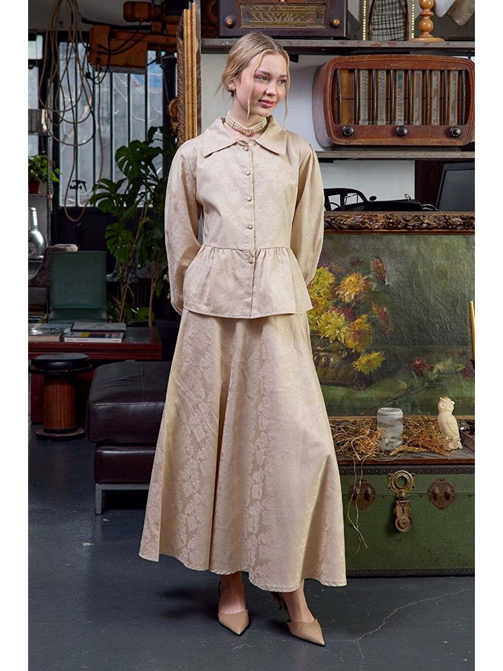 Ekru Jakarlı Gömlek Etek Takım-3