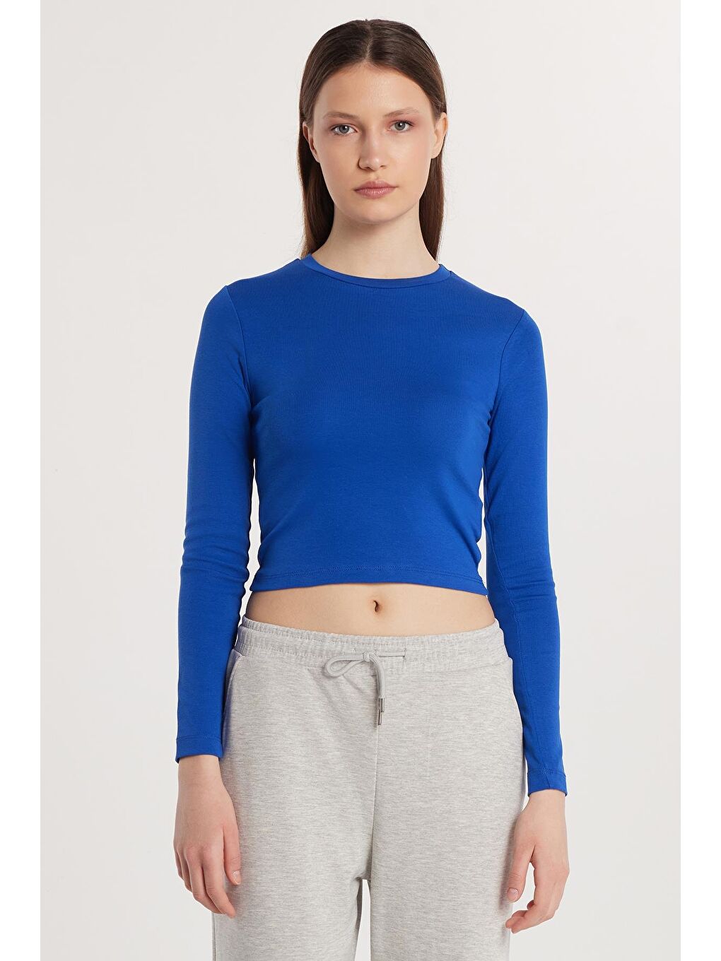 Kadın Slim Fit Pamuklu Uzun Kol Düz Bisiklet Yaka Mavi Bluz-2