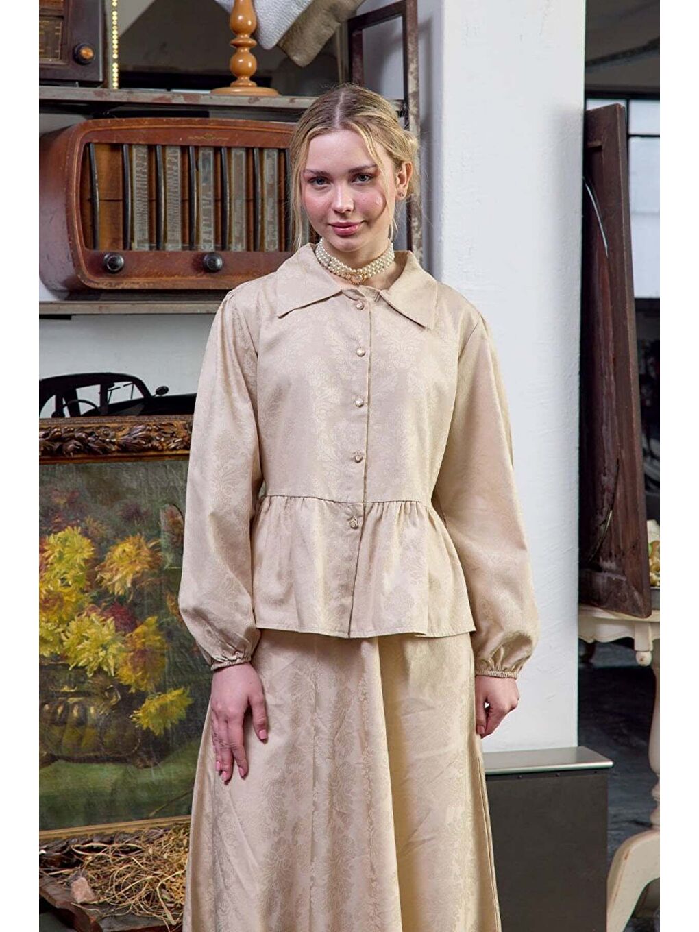 Ekru Jakarlı Gömlek Etek Takım-4