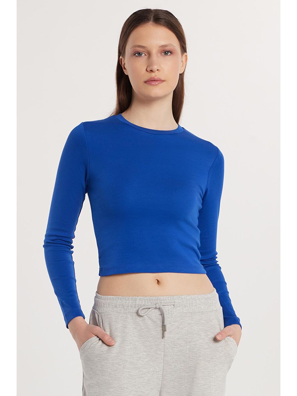 Kadın Slim Fit Pamuklu Uzun Kol Düz Bisiklet Yaka Mavi Bluz-3