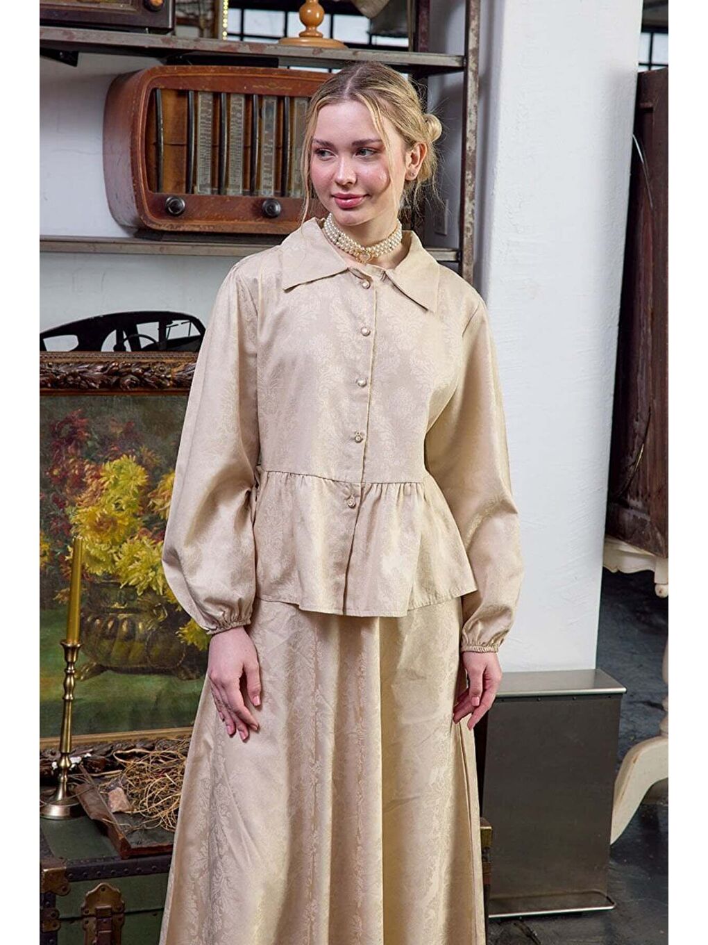 Ekru Jakarlı Gömlek Etek Takım-5