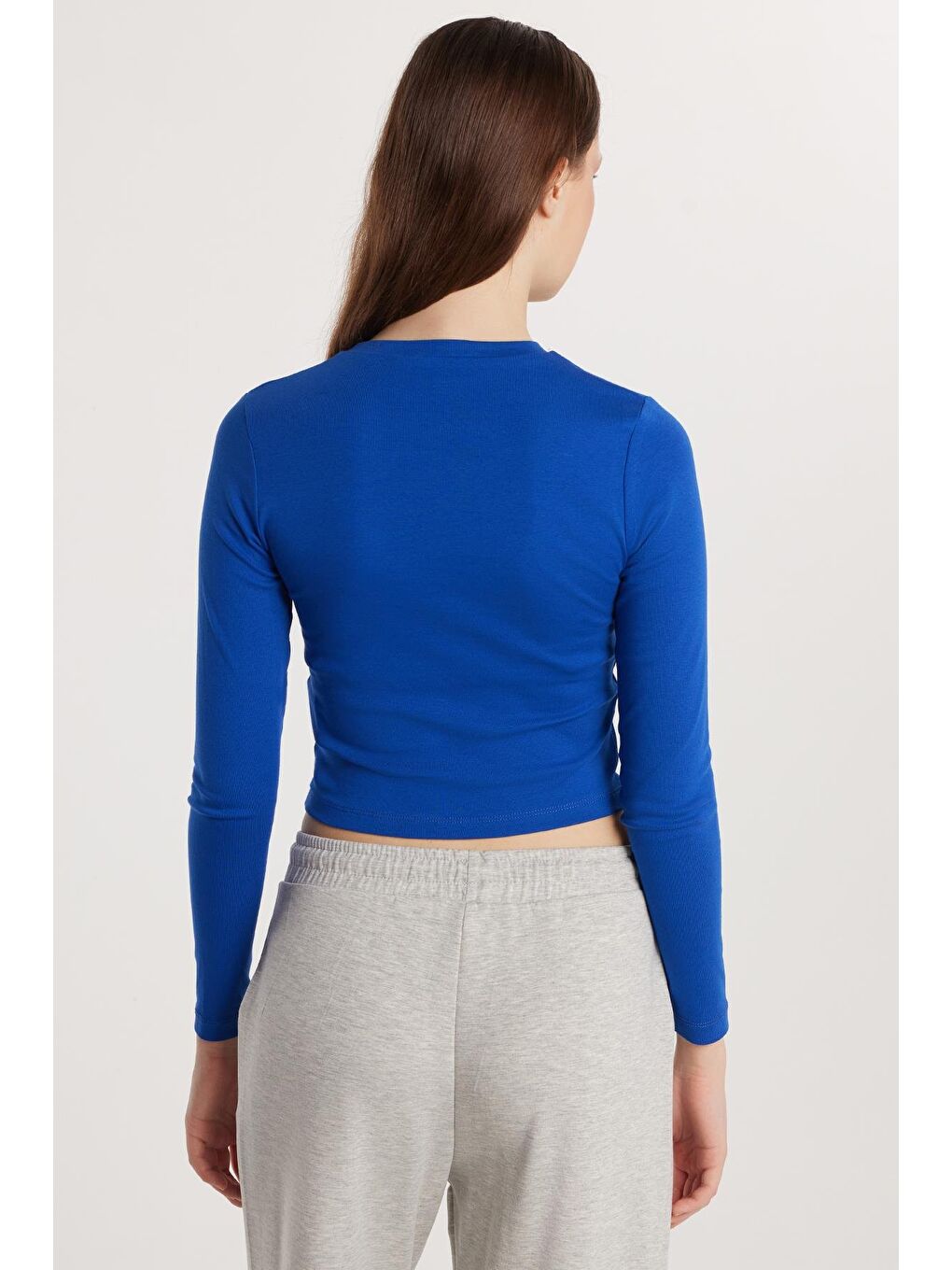 Kadın Slim Fit Pamuklu Uzun Kol Düz Bisiklet Yaka Mavi Bluz-4