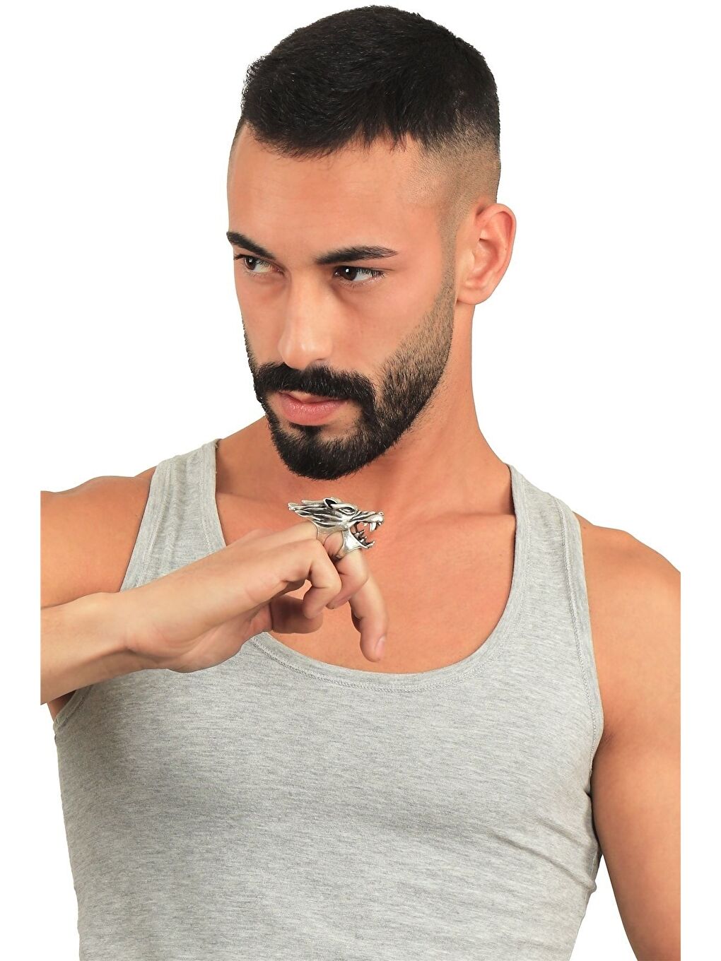 Gri Erkek Antik Gümüş Kaplama Oynar Başlı Ayarlanabilir Yüzük-2