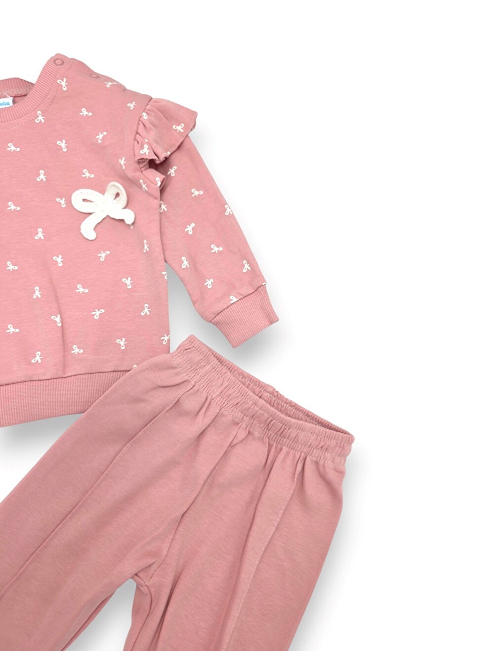 Pembe Kız Bebek Fiyonk Detaylı Mevsimlik 2 İplik %100 Pamuklu Takım-5