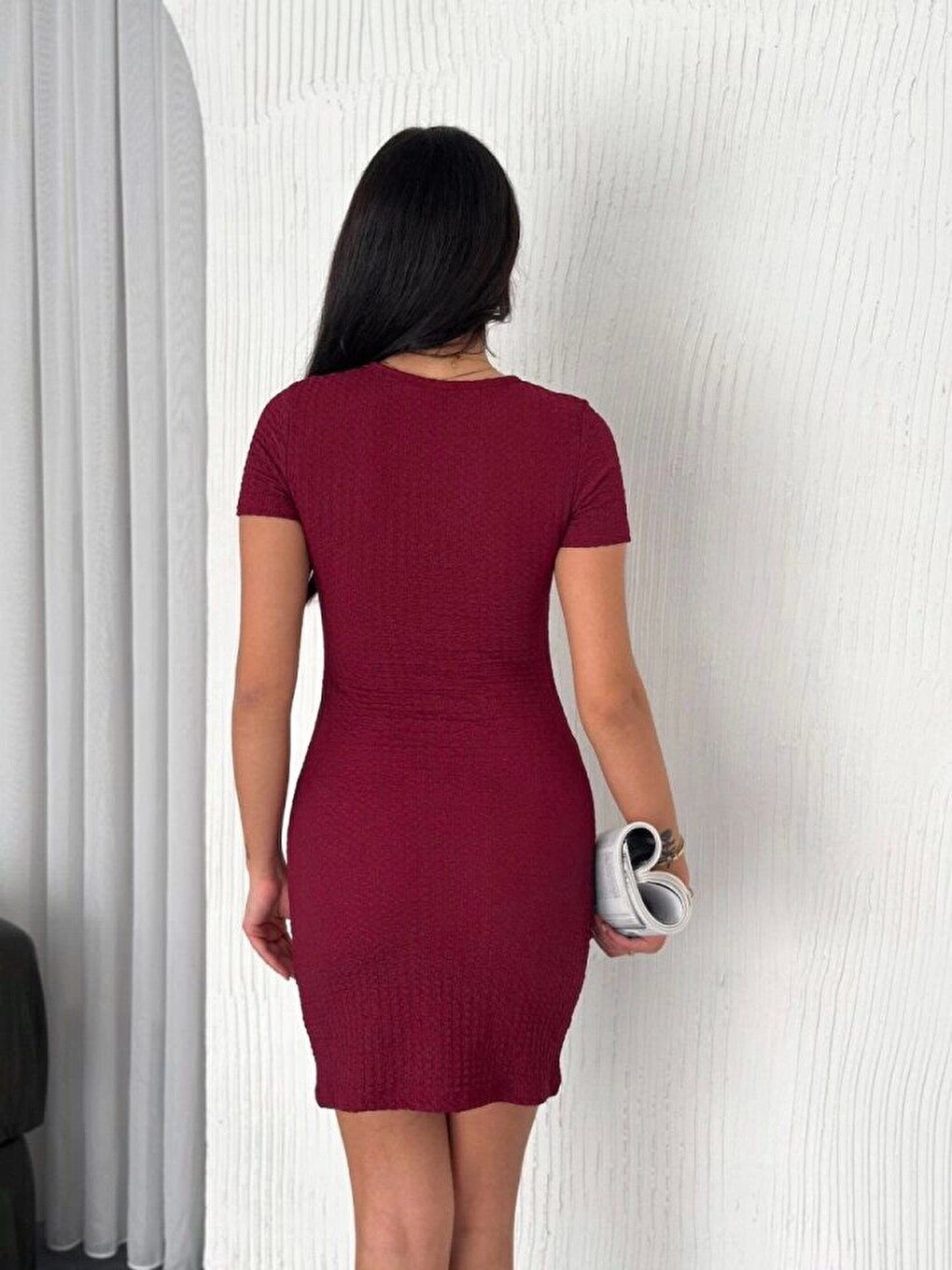 Bisiklet Yaka Kısa Kol Elastanlı Elbise - Bordo-2