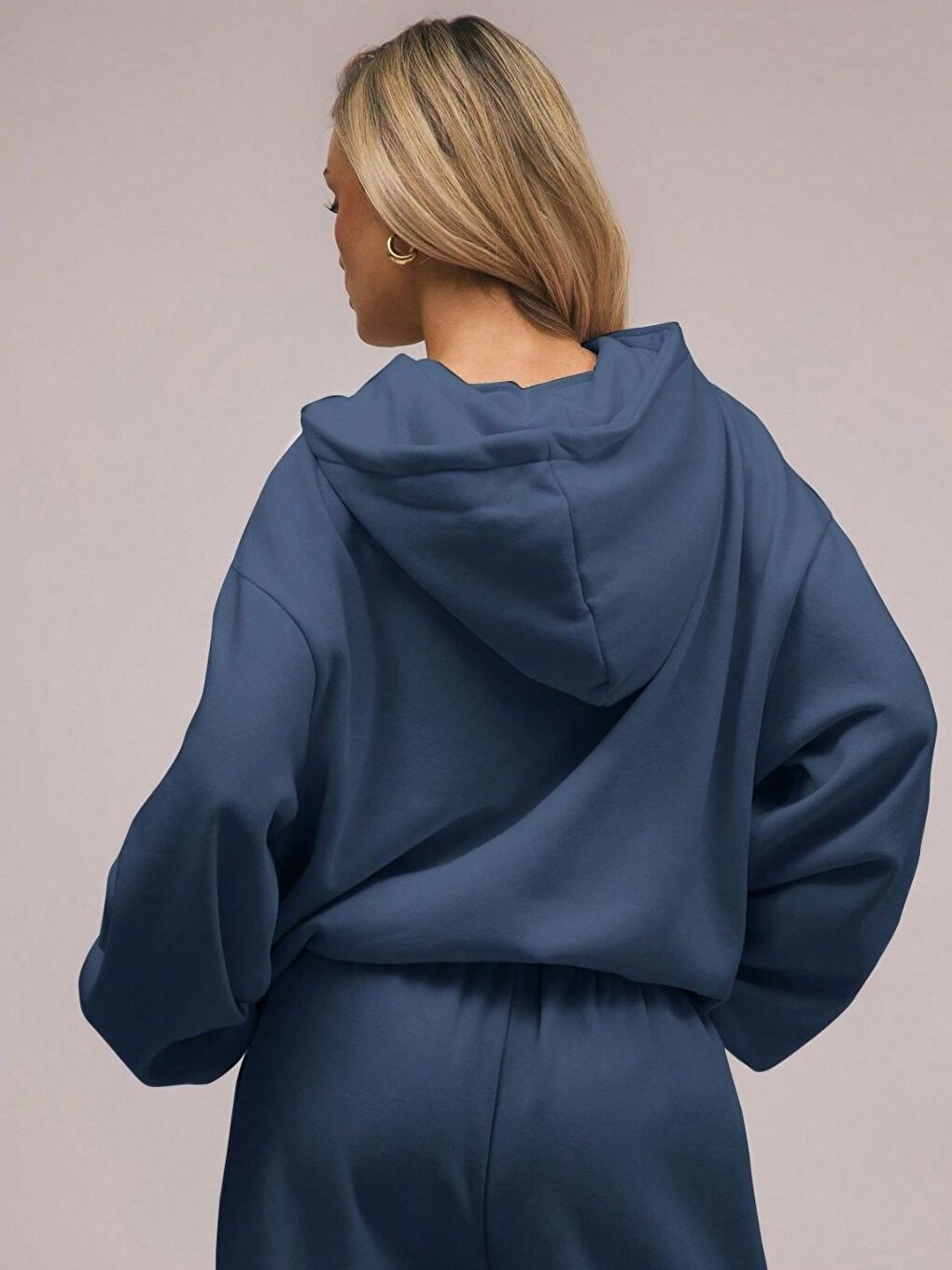 3 İplik İndigo Mavi Bol Kalıp Sweatshirt Hoodie-1