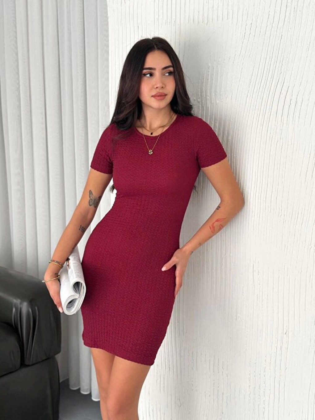 Bisiklet Yaka Kısa Kol Elastanlı Elbise - Bordo-3