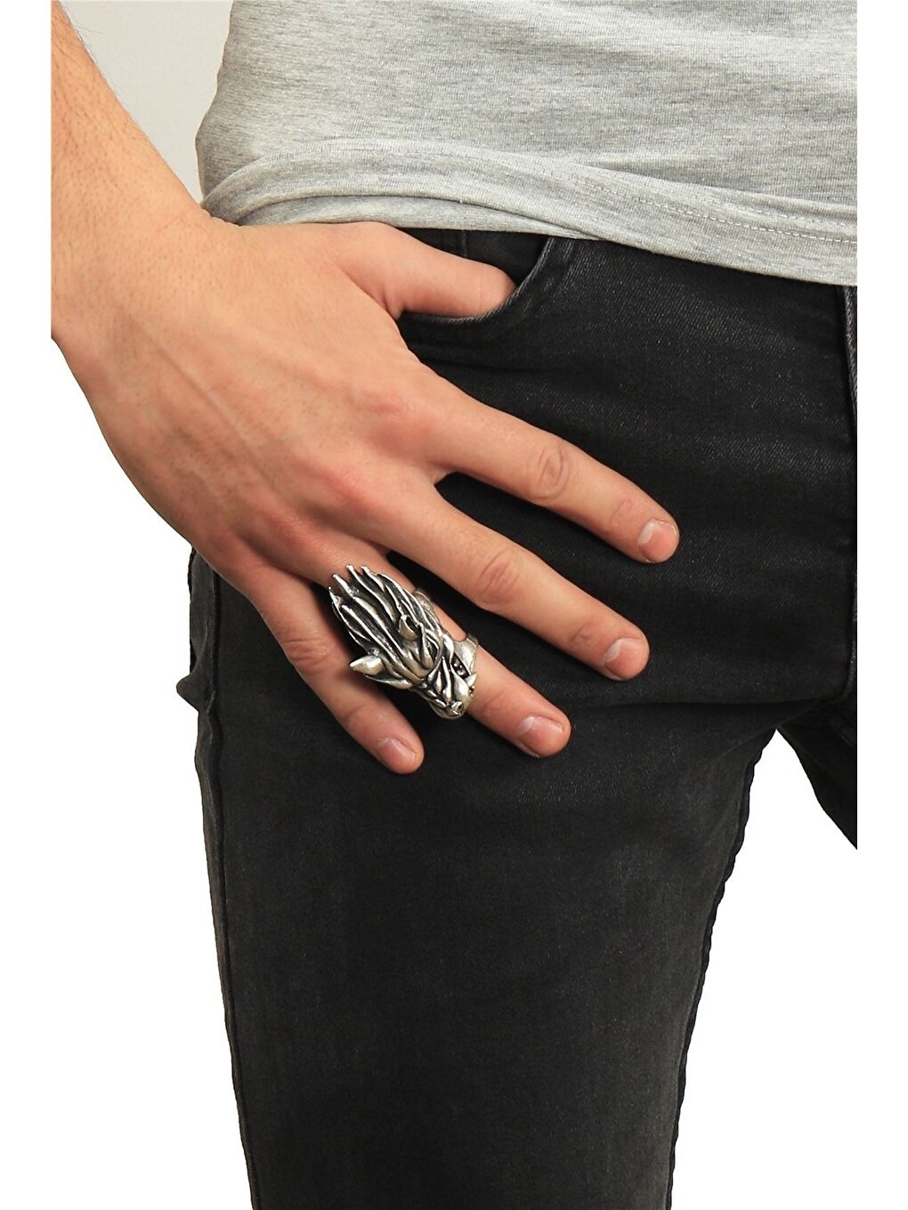 Gri Erkek Antik Gümüş Kaplama Oynar Başlı Ayarlanabilir Yüzük-4